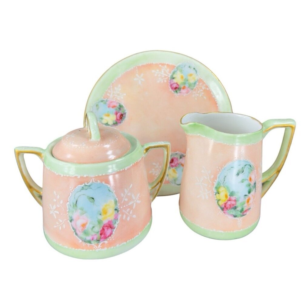 Antique CT Altwasser‎ Silesia Hand Painted Porcelain Sugar Creamer Plate Set 3
